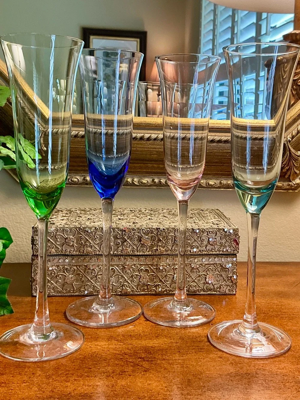Vintage Hand-Blown Art Glass Champagne Flutes - Jewel Toned-Set of 4